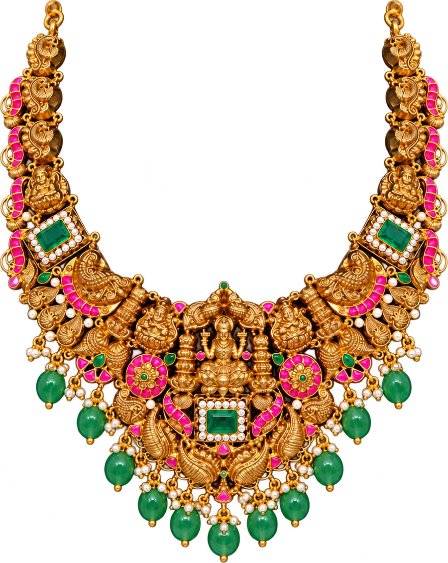 MSJ Lakshmi temple necklace with emeralds, rubies and emerald bead drops